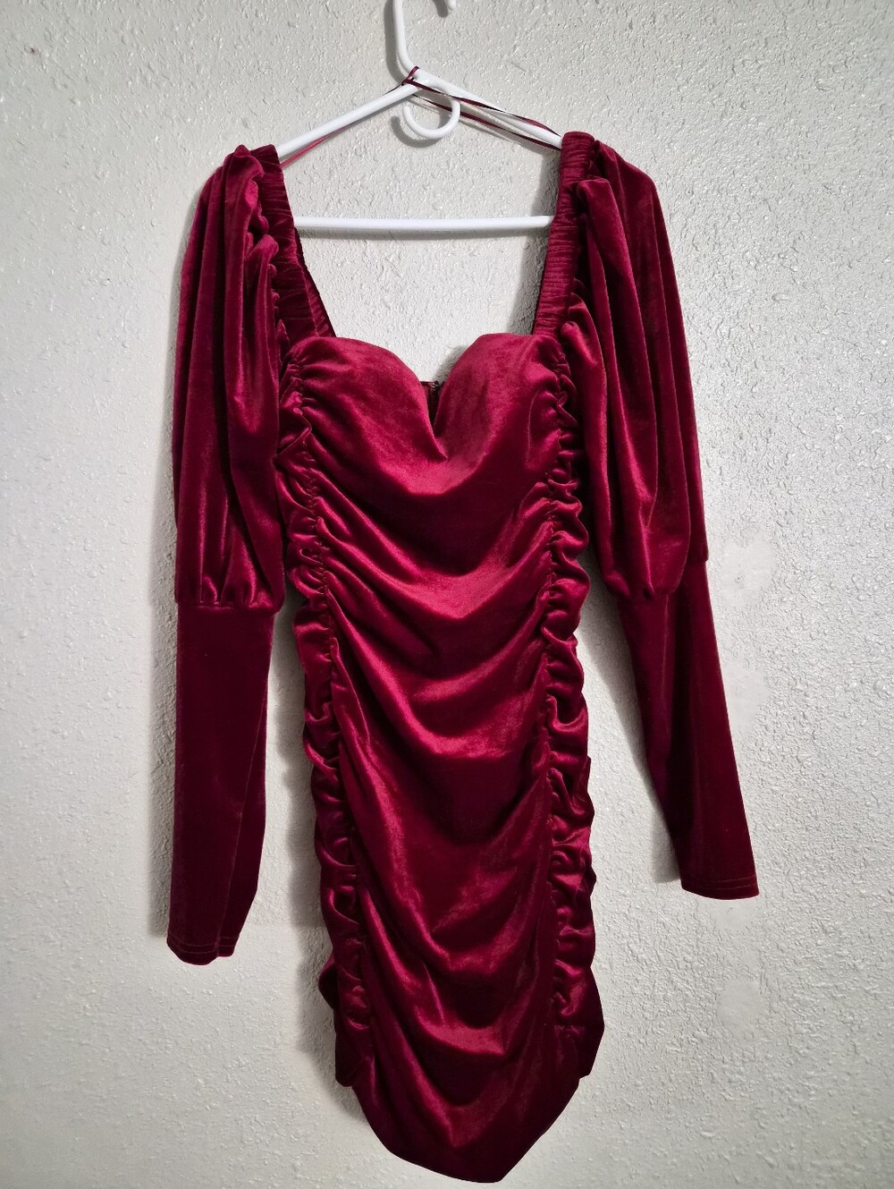 Fashion Nova Burgundy Velvet Ruched Long-Sleeve Dress